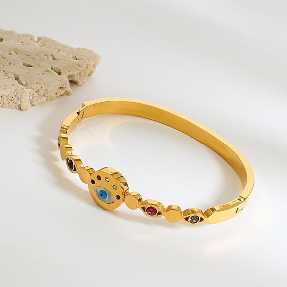 Evil Eye Bracelet, Protection Birthstone Bracelet, Gold Bangle Cuff Bracelet - Picture 9 of 10